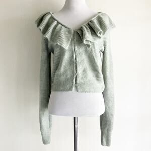 H&M Small Cardigan Sweater Ruffle Wide Collar V Neck Button Light Blue